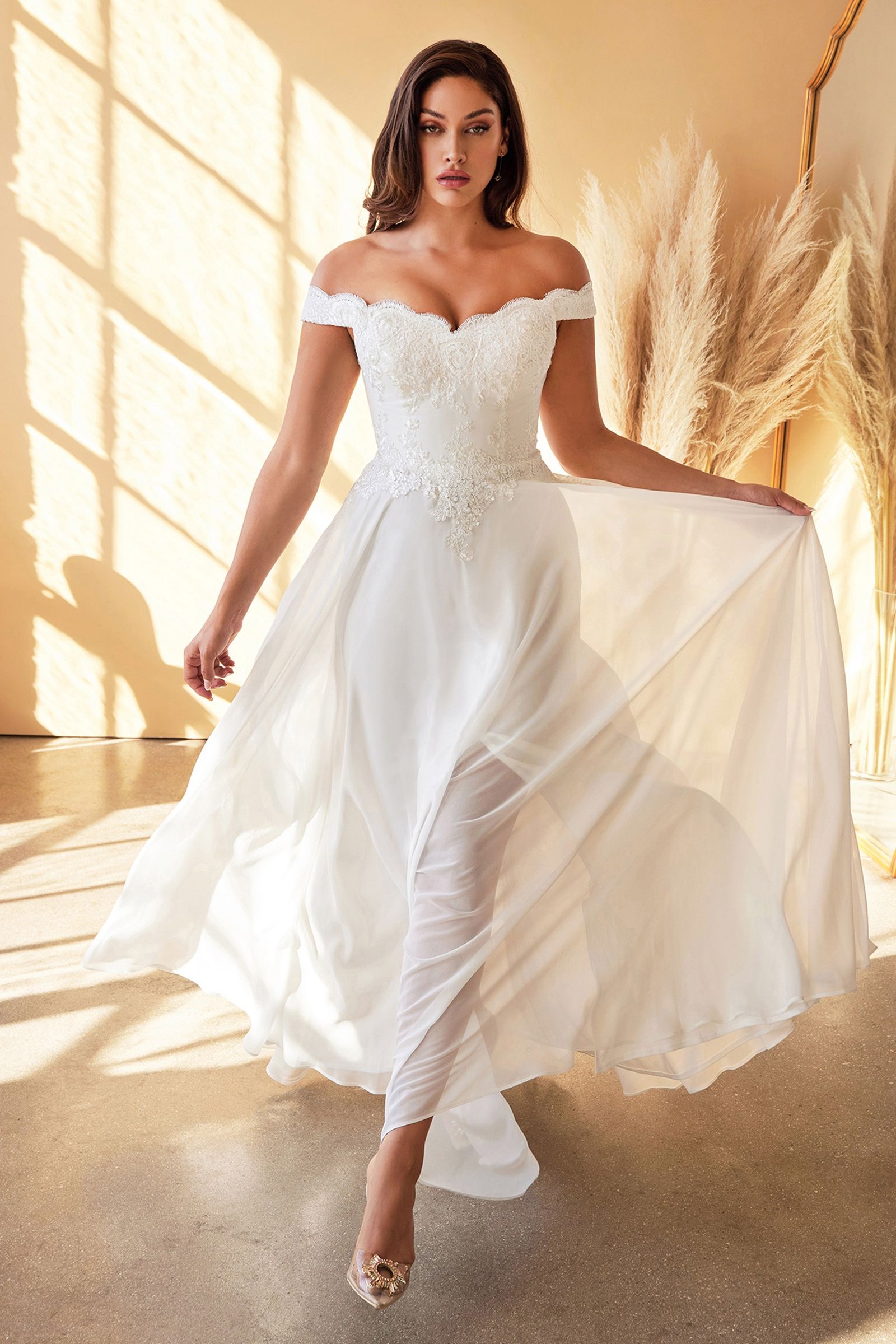Ivory Off-Shoulder Lace Bodice Gown with Flowy Skirt | Romantic A-Line Bridal Dress CD7258W-0
